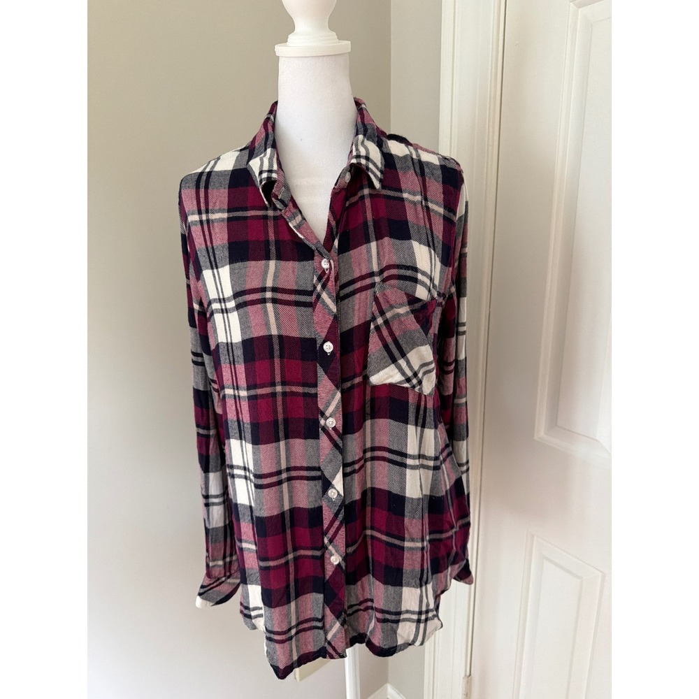 Rails Hunter Plaid Button Down Shirt Lychee Navy White Rayon Flannel Style M
